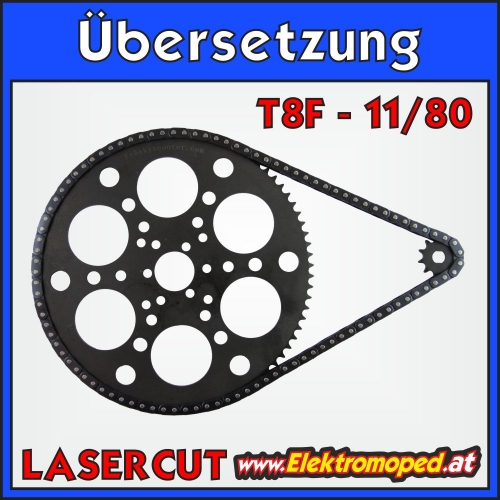 11/80 T8F Komplettübersetzung Berg 2 mit Ritzel und Laser Kettenrad für "dicke" Kette