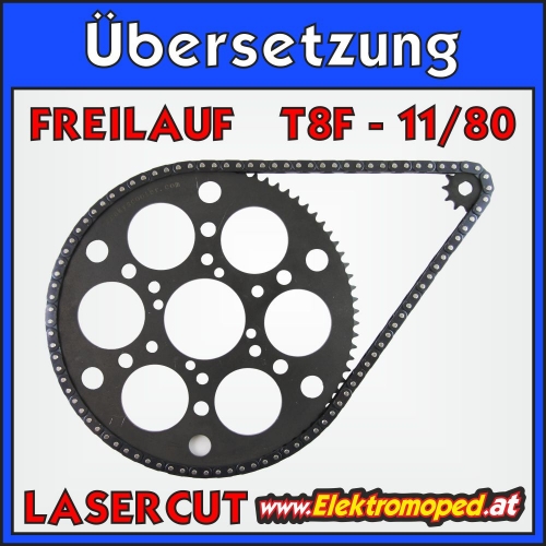 11/80 T8F Komplettübersetzung Berg 1 mit Ritzel, Laser Kettenrad & Freilauf für "dicke" Kette